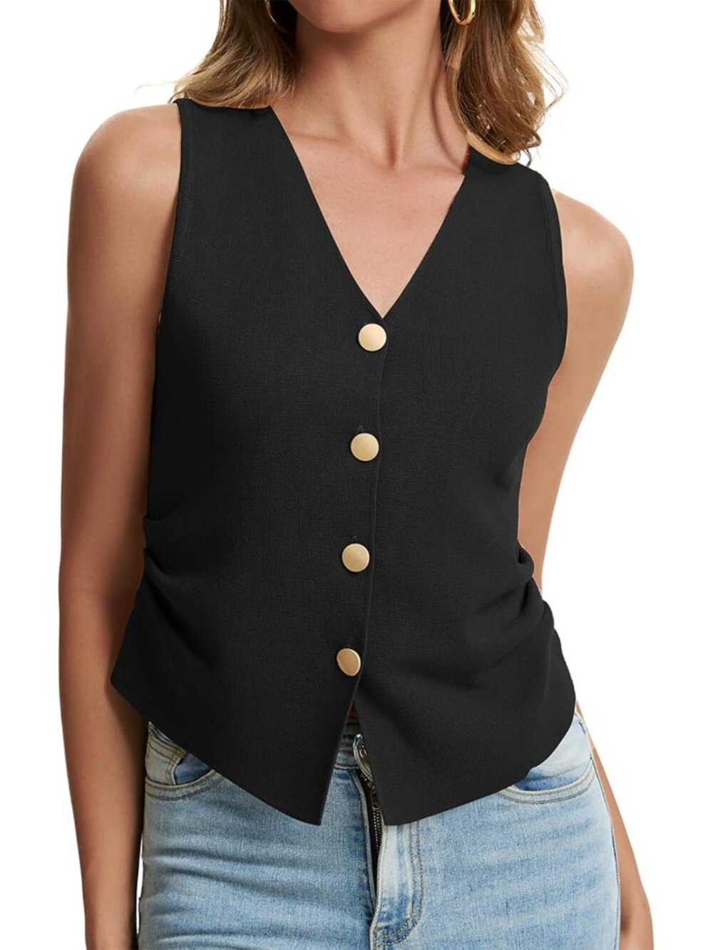 Women's Black Sleeveless Button Up Knit Imported Casual Sweater Vest Tank Tops - Picture 1 of 5